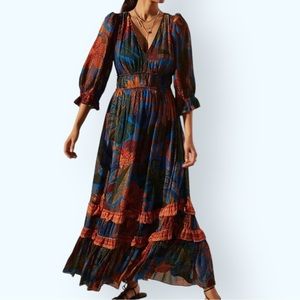 Farm Rio x Anthropologie Puff Sleeve Sm - 4 / 6 Blue Green Tropical Floral Maxi